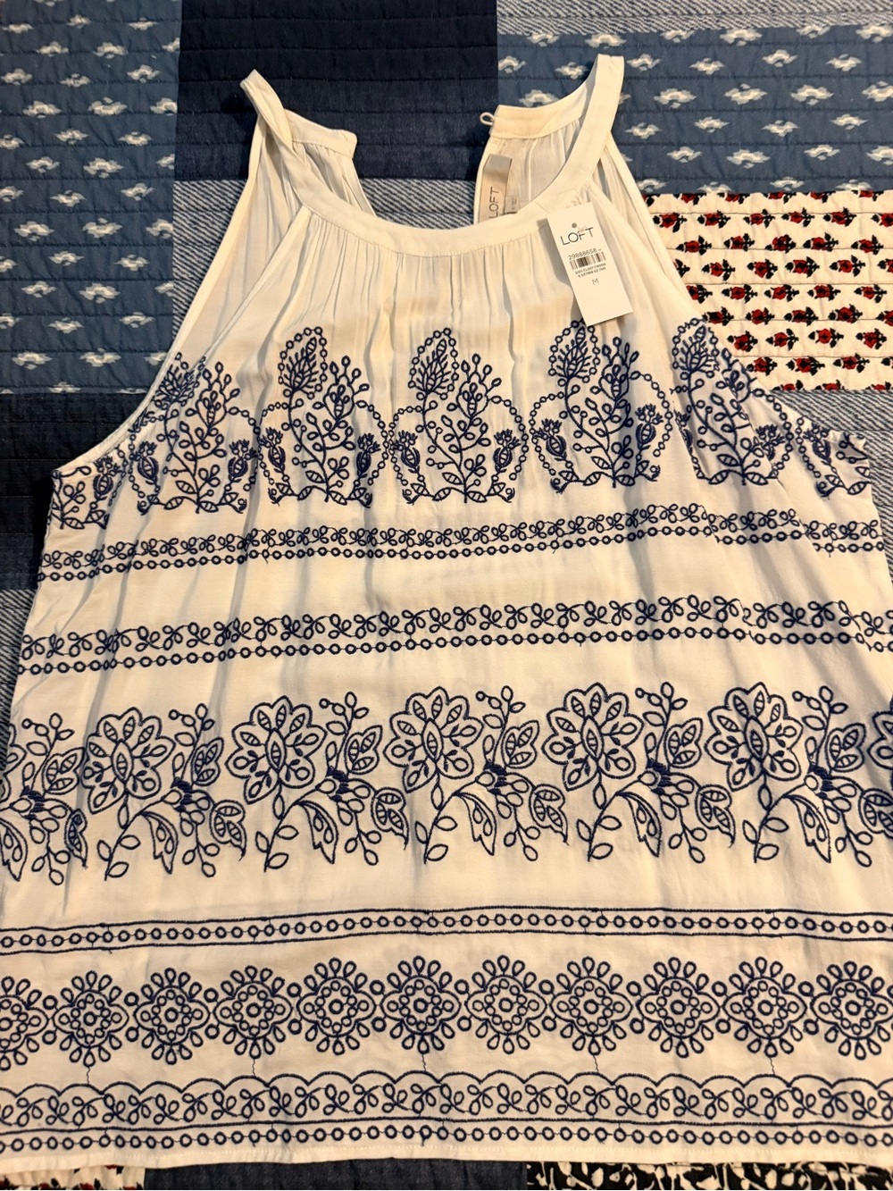 LOFT White Tank Top with Navy Embroidered Floral Border - Picture 1 of 3